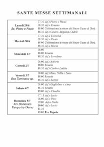 Intenzioni delle Messe del 29/06/2026